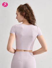 【SY135】浅紫白  短款镂空螺纹速干瑜伽短袖上衣