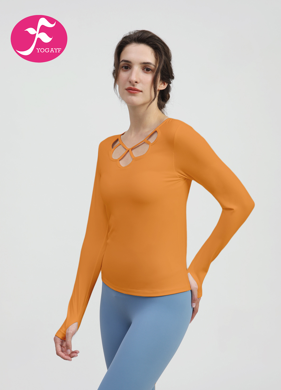  【SY060】胸前镂空设计长袖长袖上衣 杏橙