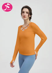  【SY060】胸前镂空设计长袖长袖上衣 杏橙