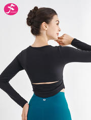 【SY169黑色】腰部分层设计瑜伽长袖上衣（含胸垫）