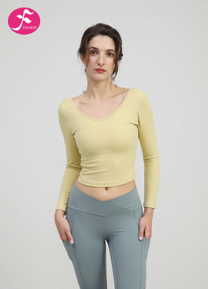 【SY082】基础修身U型美背瑜伽长袖T恤  芥末黄