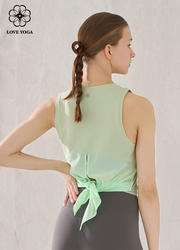 【Y1071】运动背心式罩衫舒适透气网纱拼接上衣  复古绿 
