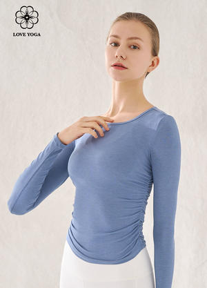 【Y1063】love yoga 两侧褶皱螺纹面料罩衫 蓝色
