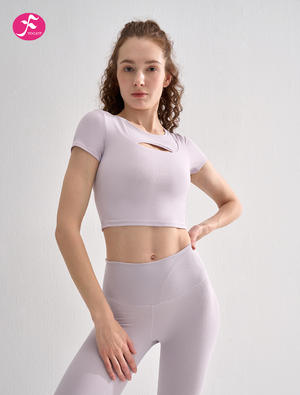 【SY135】浅紫白  短款镂空螺纹速干瑜伽短袖上衣