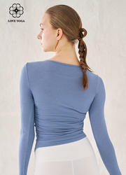 【Y1063】love yoga 两侧褶皱螺纹面料罩衫 蓝色