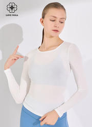 【Y1062】love yoga 螺纹修身侧边褶皱长袖 | 罩衫 白色