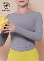 【Y1064】love yoga 高弹螺纹收腰褶皱罩衫 灰色