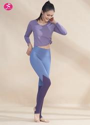 【J1222】松緊拉繩上衣拼接褲子 復古紫+灰藍