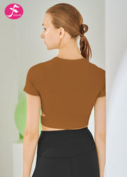 【SY022】瑜伽短款紧身上衣腰部镂空设计橙色