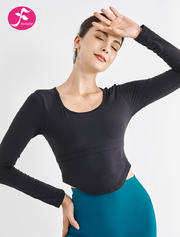 【SY169黑色】腰部分层设计瑜伽长袖上衣（含胸垫）
