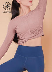 【Y1059】love yoga 交叉扭结螺纹短款上衣 暗粉色