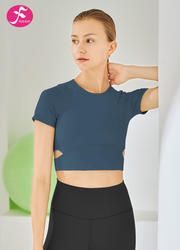 【SY019】瑜伽短款紧身上衣腰部镂空设计上衣  宝蓝