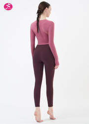 【J1277】时尚短款修身网纱拼接长袖套装 玫粉+酒红