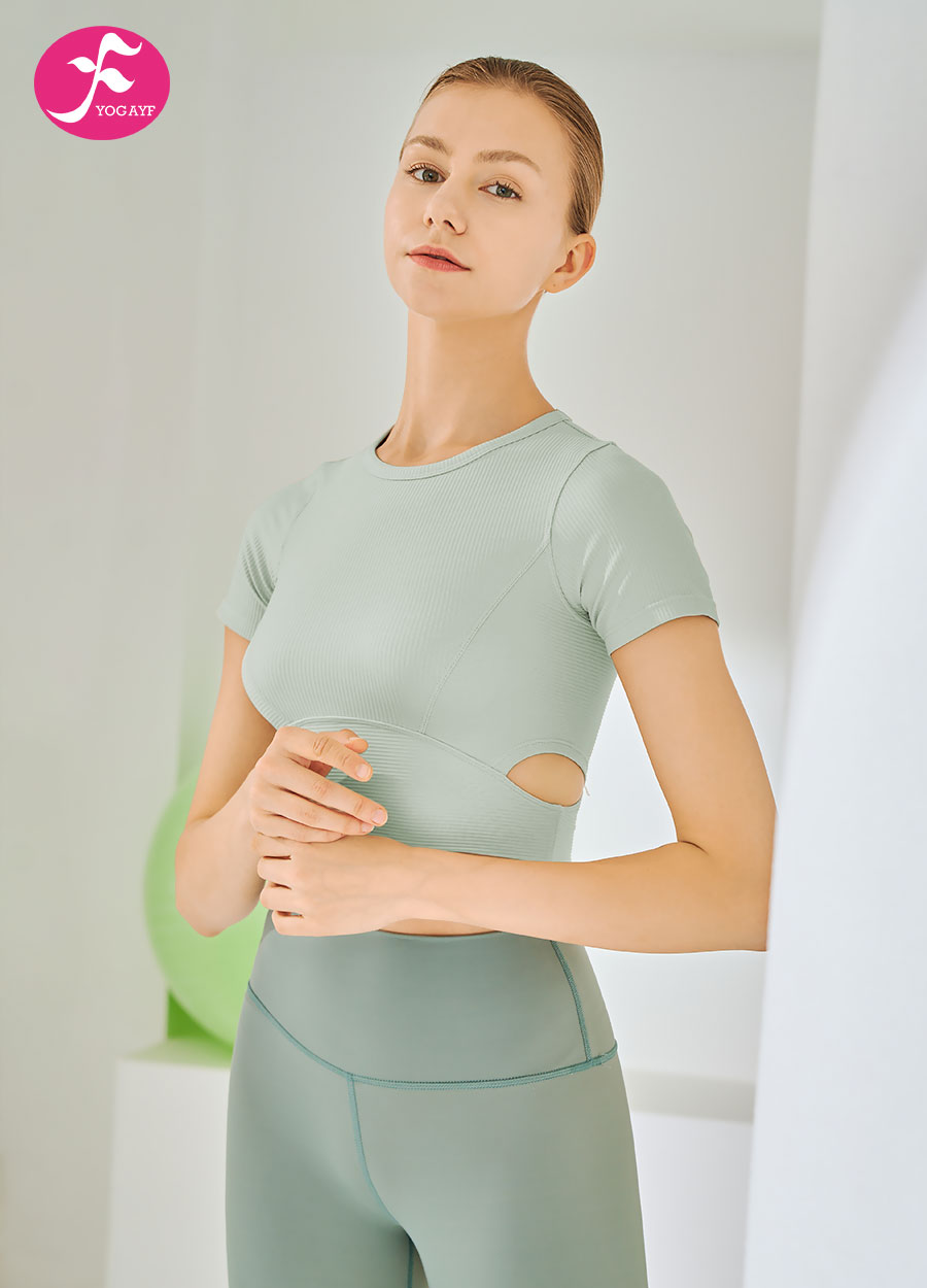 【SY020】瑜伽短款紧身上衣腰部镂空设计上衣  灰色