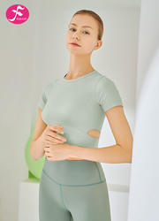 【SY020】瑜伽短款紧身上衣腰部镂空设计上衣  灰色