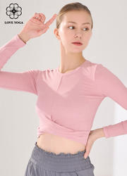 【Y1059】 交叉扭结螺纹短款上衣长袖罩衫  暗粉色