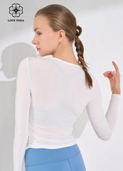 【Y1062】love yoga 螺纹修身侧边褶皱长袖 | 罩衫 白色