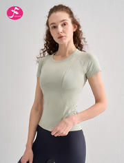 【SY144】瑜伽服 圆领运动修身 透气薄款弹力短袖T恤 茶青色