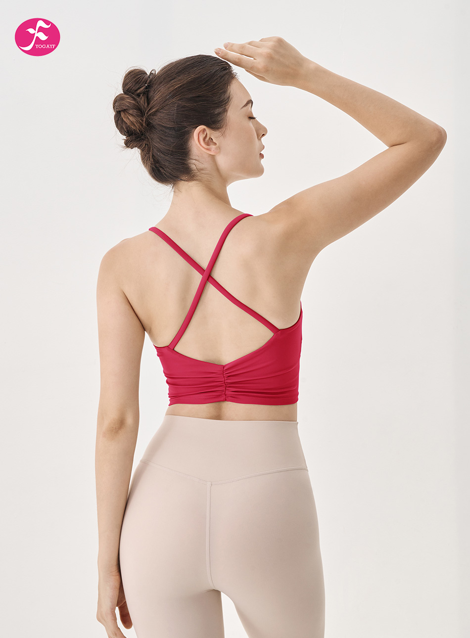 【SY191野莓色】细肩带美背褶皱运动瑜伽吊带背心自带活动杯（可拆卸）胸垫