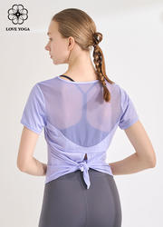 【Y1076】网纱拼接舒适透气瑜伽运动罩衫 麻紫
