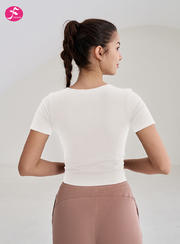 【SY224白色】短款V领短袖可拆卸胸垫运动t恤修身瑜伽上衣 胸垫：活动杯（可拆卸） 加入收藏