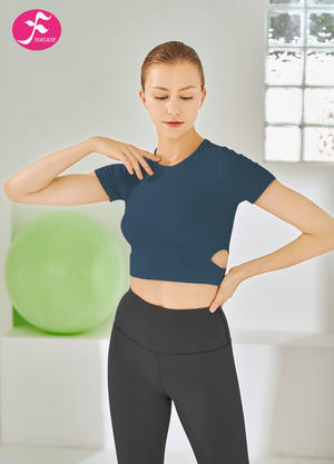 【SY019】瑜伽短款紧身上衣腰部镂空设计上衣  宝蓝