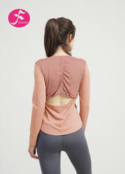 【SY084】后背镂空抽褶优雅气质瑜伽长袖T恤   浅粉色