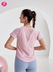 透气宽松速干运动上衣短袖T恤健身瑜伽服罩衫  粉色 