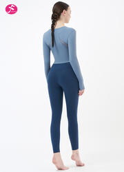 【J1281】时尚短款修身网纱拼接长袖套装  静谧蓝+藏蓝