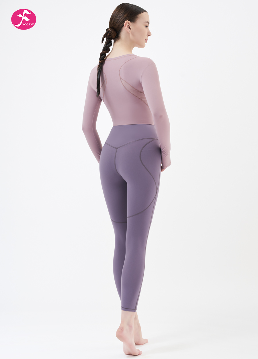 【J1279】时尚短款修身网纱拼接长袖套装 浅紫+丁香紫