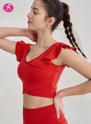 【J1337大红】春夏款大红色荷叶边运动背心拢瑜伽服套装